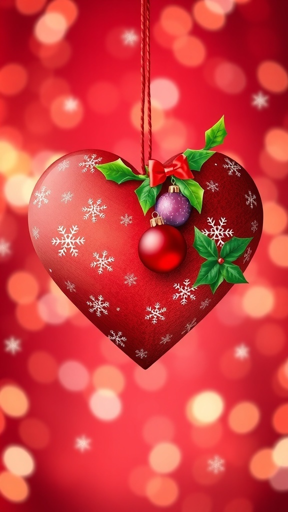 Heart-shaped Christmas wallpaper with festive motifs like snowflakes and ornaments in red and green colors.